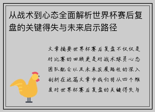 从战术到心态全面解析世界杯赛后复盘的关键得失与未来启示路径